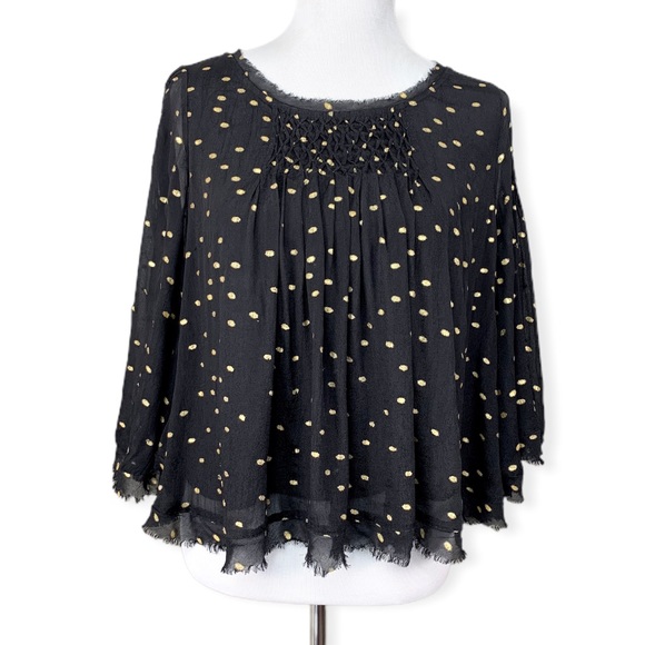 Anthropologie Floreat Everafter Black Gold Polka Dot Bell Sleeve Swing Blouse - Picture 8 of 14